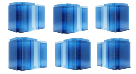 3D-rendered translucent blue skyscraper models rotate on a white backdrop demonstrating architectural design and concepts ideal for business and tech visuals