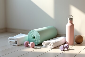 Fitness equipment yoga mat dumbbells water bottle and towels at home