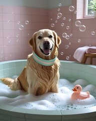 Golden retriever dog bath time with bubbles and rubber ducky in bathtub