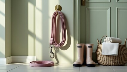 Stylish entryway with dog leash boots and basket for home organization