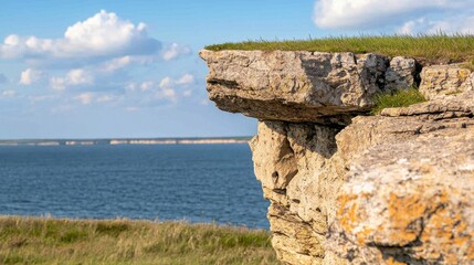 Tan and Beige Rocky Cliff Overlooking Calm Blue Water Under Partly Cloudy Sky