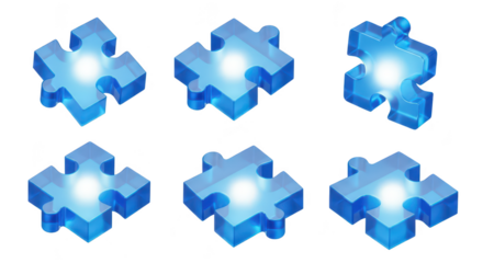 Transparent blue puzzle pieces arranged on white background hinting at problem-solving design or concept building