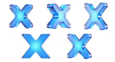 Five blue translucent 'X' characters isolated on white display a simple alphabet concept suitable for design elements