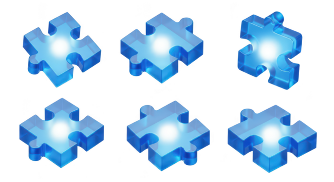 Transparent blue puzzle pieces arranged on white background hinting at problem-solving design or concept building