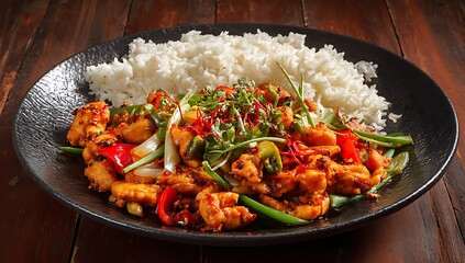 Delicious Chicken Stir-Fry with Rice on Dark Plate, Close-up of a vibrant chicken stir-fry served with a side of fluffy white rice on a dark, textured plate.