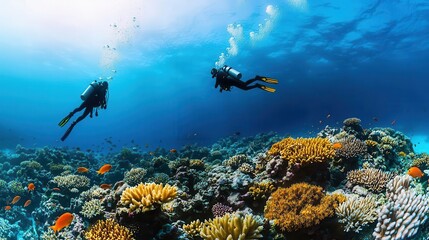 Vibrant underwater coral reef with scuba divers exploring marine life, thrilling ocean adventure