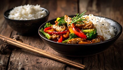 Delicious Chicken Stir-Fry with Rice on Dark Plate, Close-up of a vibrant chicken stir-fry served with a side of fluffy white rice on a dark, textured plate.