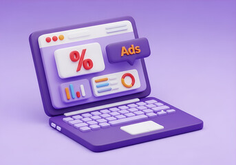 3d rendering conceptual image 3d illustration of a laptop displays an advertisement with a percentage discount, representing online marketing and sales