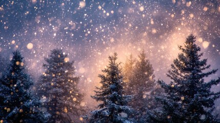 Soft snowfall covering pine trees with distant twinkling lights, creating a serene winter scene under a starlit sky for a magical New Years Eve