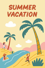 Fototapeta premium Summer vacation poster with palm trees, beach and vacationers enjoying summer