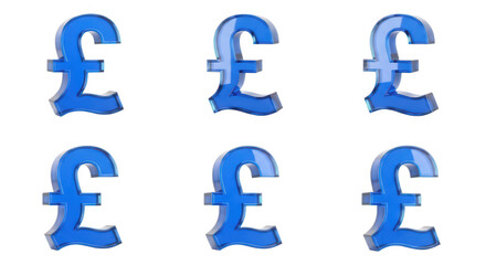 Obraz premium Six transparent blue currency symbols poundsterling GBP on a white backdrop showcasing finance money and financial concepts Potential use economic reports business presentations