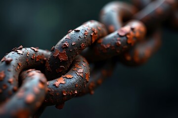 A close up shot of a rusty metal chain with peeling paint in dark light