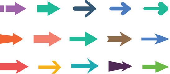 Colorful arrows set . Arrow cursor vector icon. Bullet points arrow collection. Blue, orange, green, yellow colors. Vector design element. Vector illustration.