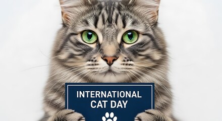 Tabby cat celebrates international cat day holding a sign