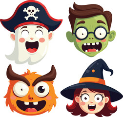 Fototapeta premium A fun cartoon Halloween character set featuring a collection of whimsical animal and monster designs, including an owl, cat, dog, ghost, and pumpkin, all in festive costumes and hats