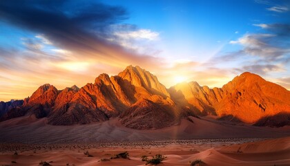 mountain peaks glowing at dramatic desert sunrise landscape