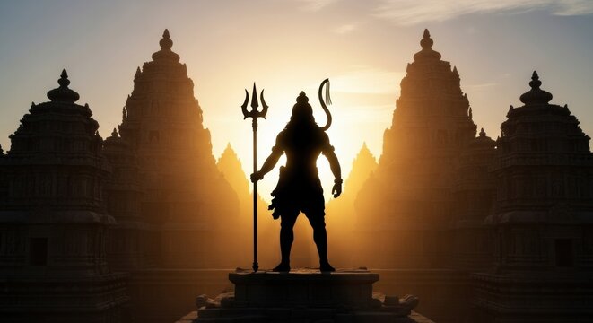 Silhouette of Shiva against a golden sunrise backdrop amid temple structures evoking spiritual depth