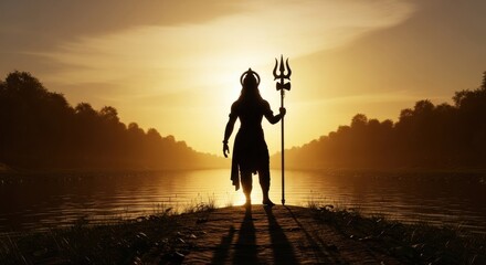 Silhouette of deity figure holding trident against golden sunset backdrop over calm water