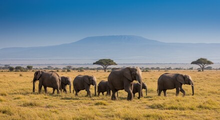 Fototapeta premium A herd of elephants grazes in a golden savanna landscape, with a distant mountain range under a vibrant blue sky
