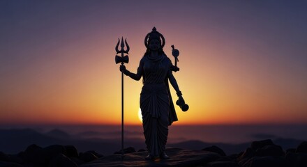 Majestic hindu goddess silhouette against vibrant colorful sunset and mountain landscape scene