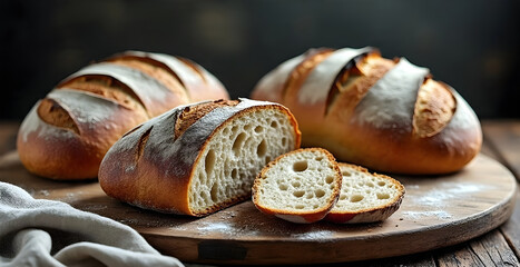 Rustic composition of freshly baked artisan bread loaves on a wooden board, 