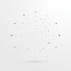 A minimalistic spider web with small droplets scattered across its threads on a white background.