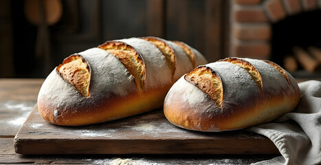 Rustic composition of freshly baked artisan bread loaves on a wooden board, 