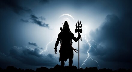 Silhouette of deity wielding trident against a stormy sky illuminated by celestial light and