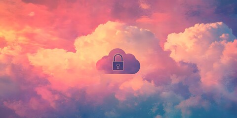 A padlock on a cloud in a colorful sky with pinks and blues representing secure cloud computing