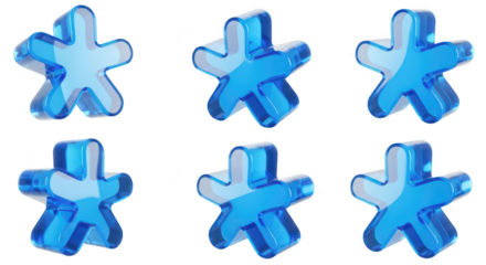 Six clear blue star shapes in multiple perspectives on white suitable for design or illustrations