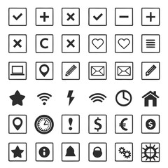 Black And White Icons Set With Checkmark Cross Heart Wifi Clock And House symbol graphic