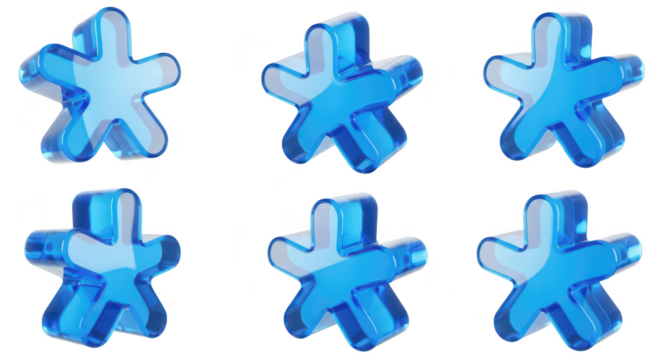 Six clear blue star shapes in multiple perspectives on white suitable for design or illustrations
