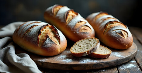 Rustic composition of freshly baked artisan bread loaves on a wooden board, 