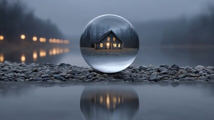 Floating crystal ball with house inside happy life protection loan insurance serene location gigapixel aura