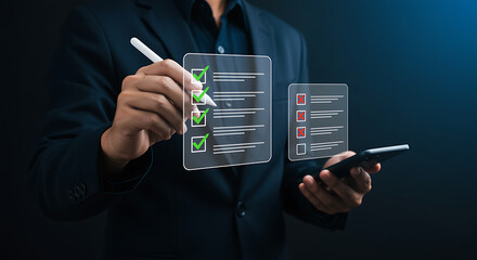 A person using a digital checklist on a mobile phone, symbolizing task management, online surveys, and efficient business processes
