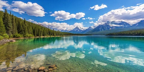 Clear Blue Alpine Lake with Snow Capped Mountains and Reflection