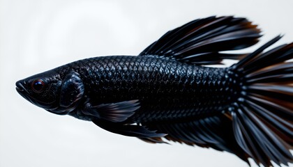 Iridescent Black Fish with Flowing Fins Against Reflective Surface
