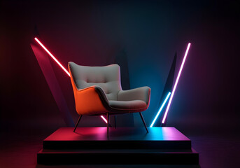 Beige modern chair on a minimalist black platform, placed in front of an abstract background of sharp geometric shapes in neon colors, dramatic studio lighting.