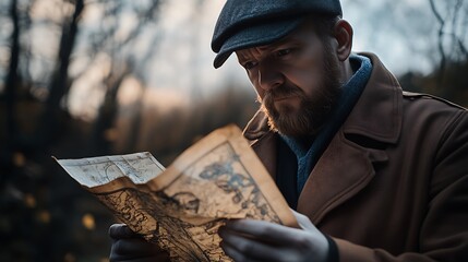 Man Reading Vintage Map Outdoors Adventure Travel Navigation