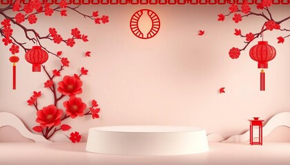 Red paper-cut flowers and Asian elements adorn a craft-style stage podium Perfect for Chinese New Year or Mid-Autumn Festival, decoration, style