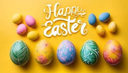 colorful easter eggs arranged around a wooden cross with flowers on a soft texture background