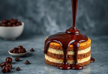 Rich chocolate sauce cascading onto moist cake, grey table,  confectionery,  gastronomy