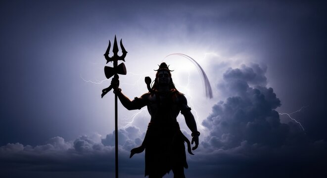 Silhouette of deity holding trident against dramatic sky with lightning strikes depicting divine - Powered by Adobe