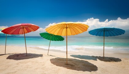 Fototapeta premium colorful beach umbrellas on sandy shore with blue sky