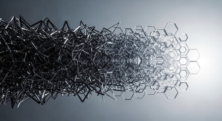An abstract 3D structure transforms from a chaotic, complex tangle into an organized hexagonal lattice. A concept of order from chaos, innovation, problem-solving, and digital transformation.