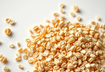 Rolled oats scattered on white background, macro detail,  nutritious,   food styling