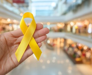 Yellow Awareness Ribbon Held in Hand, Blurred Mall Background. A close-up image of a hand holding a bright yellow awareness ribbon.