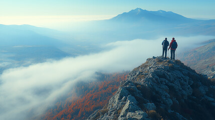 Fototapeta premium Two hikers standing on rocky summit, overlooking vast valley shrouded in mist, with distant mountains visible under clear blue sky, capturing the essence of adventure and exploration