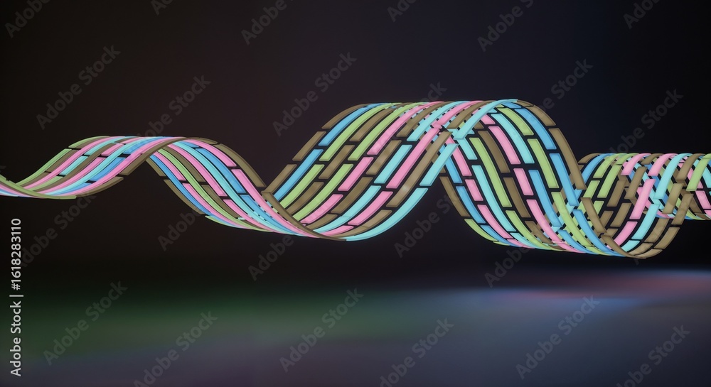 Poster a colorful ribbon with a brick pattern winds and twists against a dark background with soft reflecti
