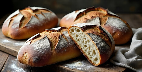 Rustic composition of freshly baked artisan bread loaves on a wooden board, 